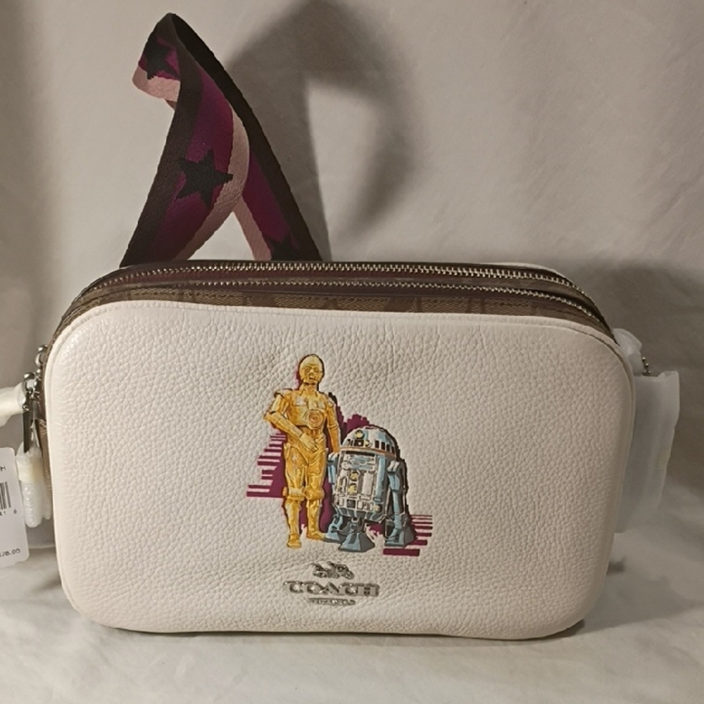 Coach White Leather Star Wars Crossbody Belt Bag with Gold & Blue Characters